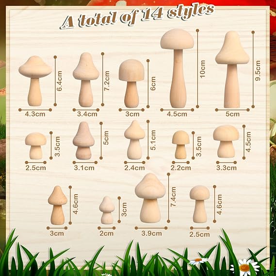 Vicenpal 40 Pcs Unfinished Wooden Mushroom 14 Size Natural Wood Mushrooms for DIY Crafts and Arts Paint Color Ornaments for Christmas Home Desk Bookshelves Decorations Gift