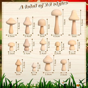 Vicenpal 40 Pcs Unfinished Wooden Mushroom 14 Size Natural Wood Mushrooms for DIY Crafts and Arts Paint Color Ornaments for Christmas Home Desk Bookshelves Decorations Gift