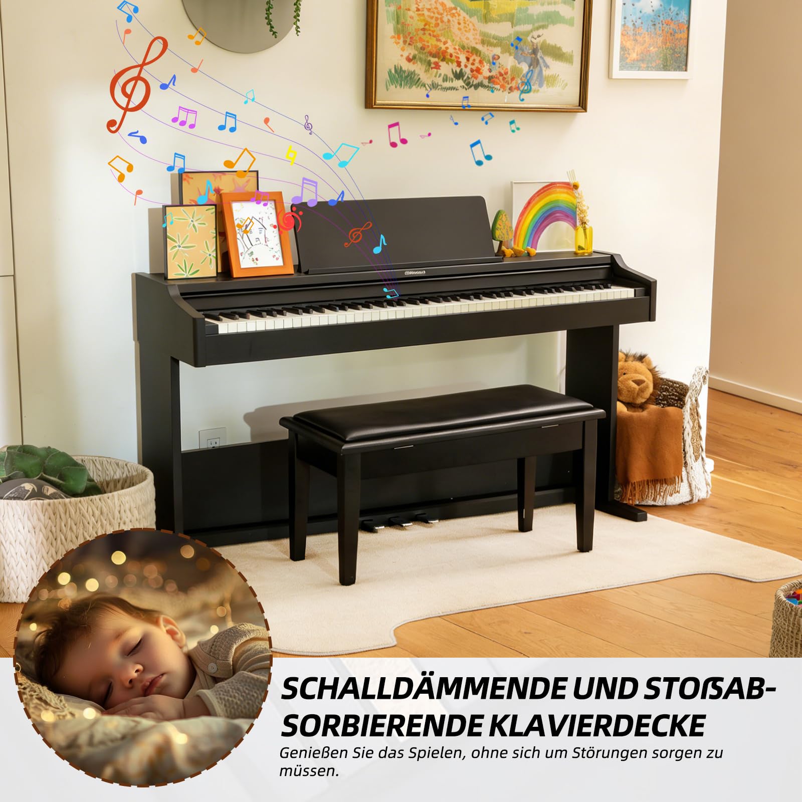 Klavierteppich 160x70 cm ， Schalldämmende & rutschfeste Klaviermatte zur Vibrationsdämpfung ， Unterlage für Klavier (Farbe: Khaki)