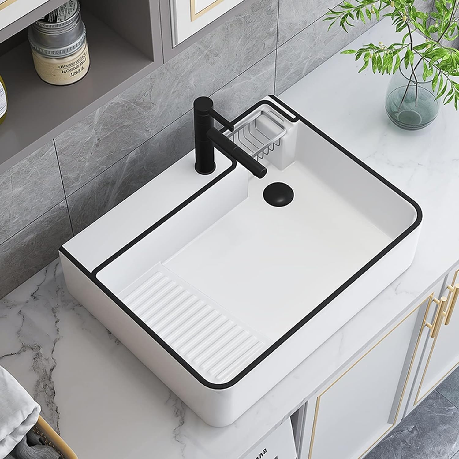 Nowoczesna Biała Ceramiczna Umywalka Nablatowa, Prostokątna, Z Odpływem Typu Pop-Up, Stylowa Umywalka Nablatowa Do Modernizacji Domu I Łazienki, Prawa 10,0 Cala, Prawa 10,0 Cala
