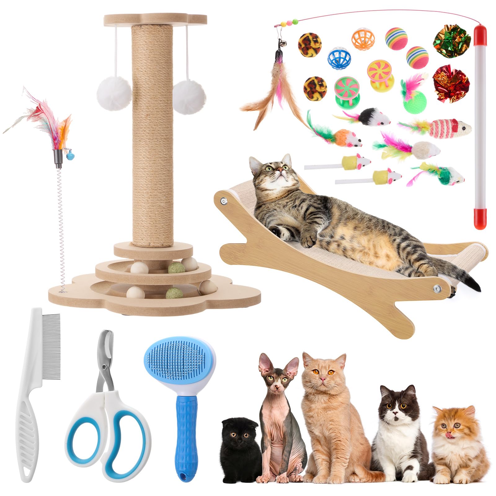 Seenelling 25-teiliges Kitten-Starter-Set für Indoor-Katzen, inklusive Kratzbaum, Sisal-Kratzbett, Bürsten, Nagelknipser, Bälle für Indoor-Kätzchen, Zubehör, Willkommensgeschenk