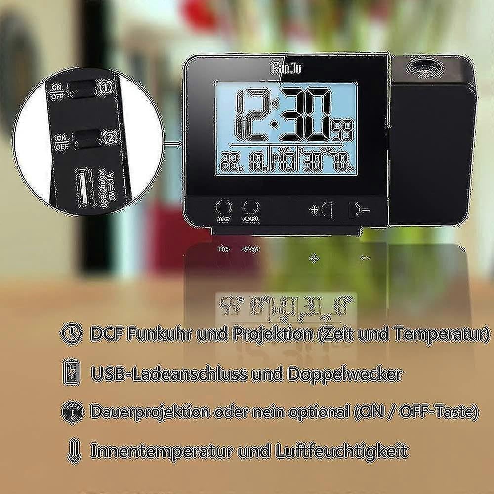 Zegar projekcyjny czarny budzik z projekcją temperatury czasu budzik z ekranem LED zegar ładujący USB