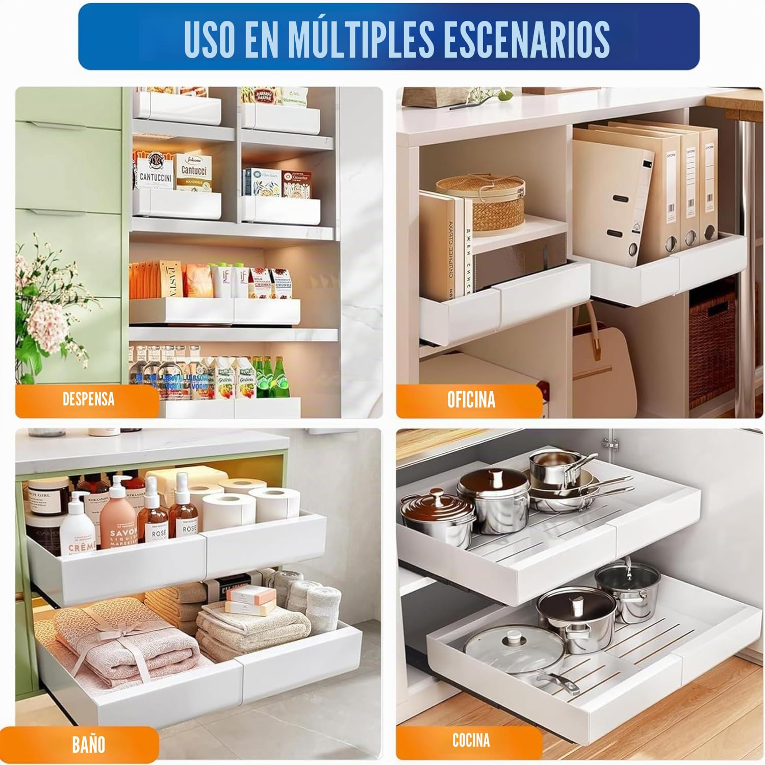 Bandejas Extraibles Armarios Cocina，Paquete de 2 Cajones Extraibles para Cocina， Bandeja Armario Telescópico Adhesivos，Cajones Deslizables y Estantes para la Despensa, Ancho Ajustable de 32 a 53 CM