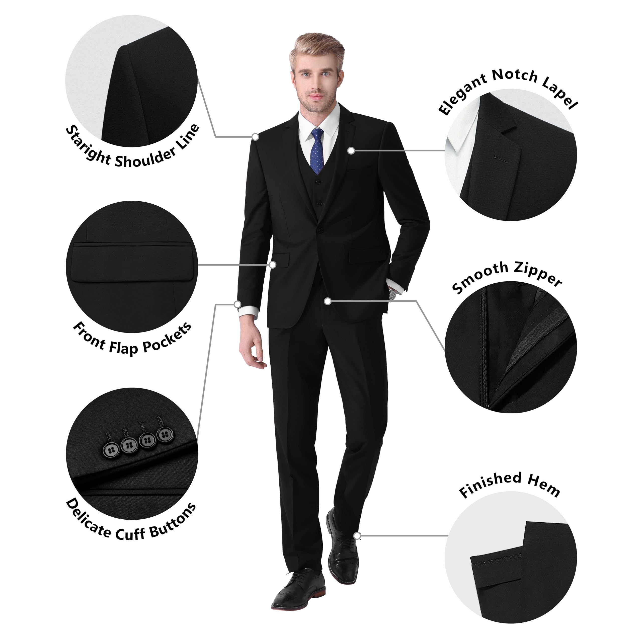 LUPURTY Costume 3 pièces pour Homme, Coupe ajustée, Veste