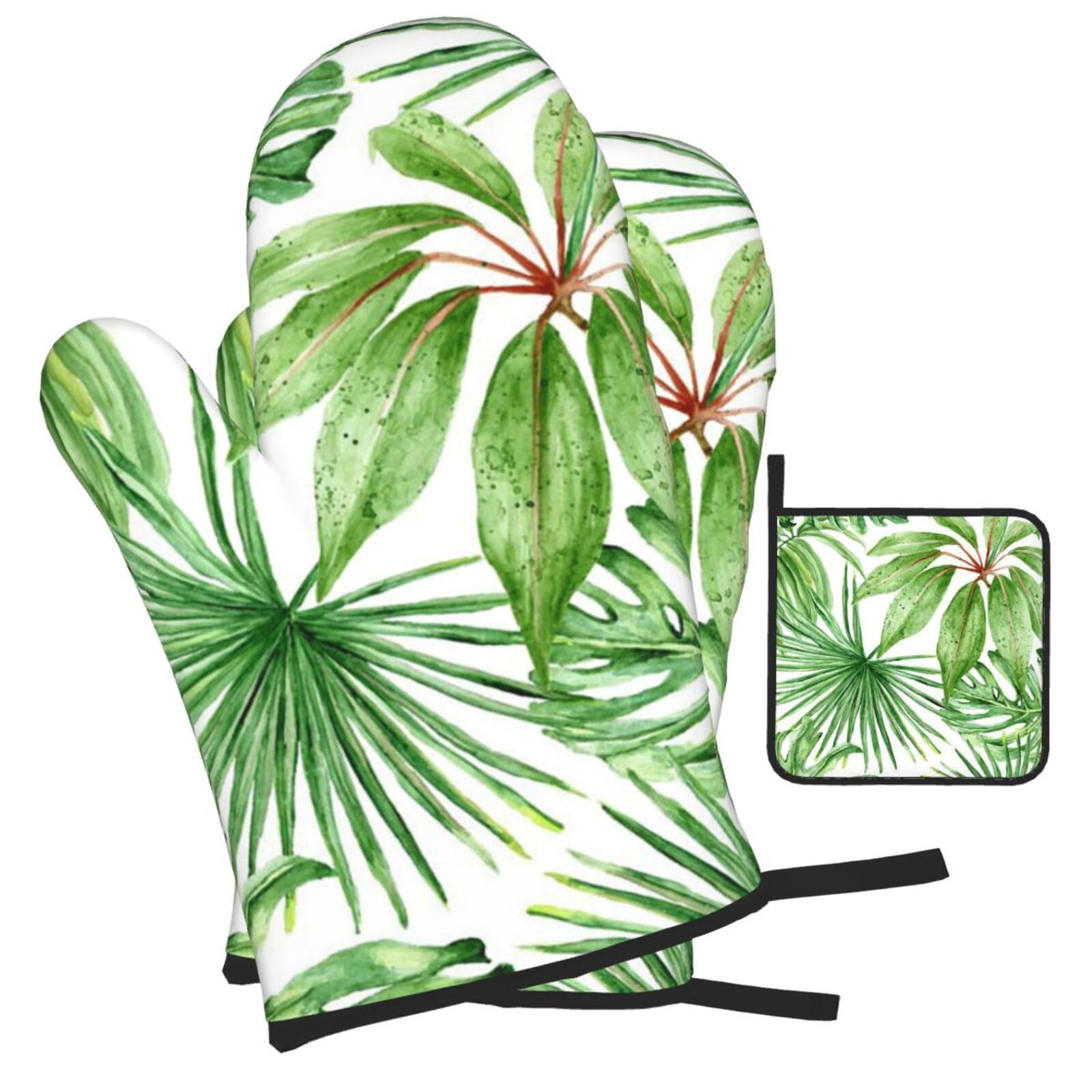 Tropical Palm Banana Leaves Printed Oven Mitts and Pot Holders Heat Resistant Set of 3 Pcs, Modern Kitchen Gloves & Potholders for Cooking Baking Grilling