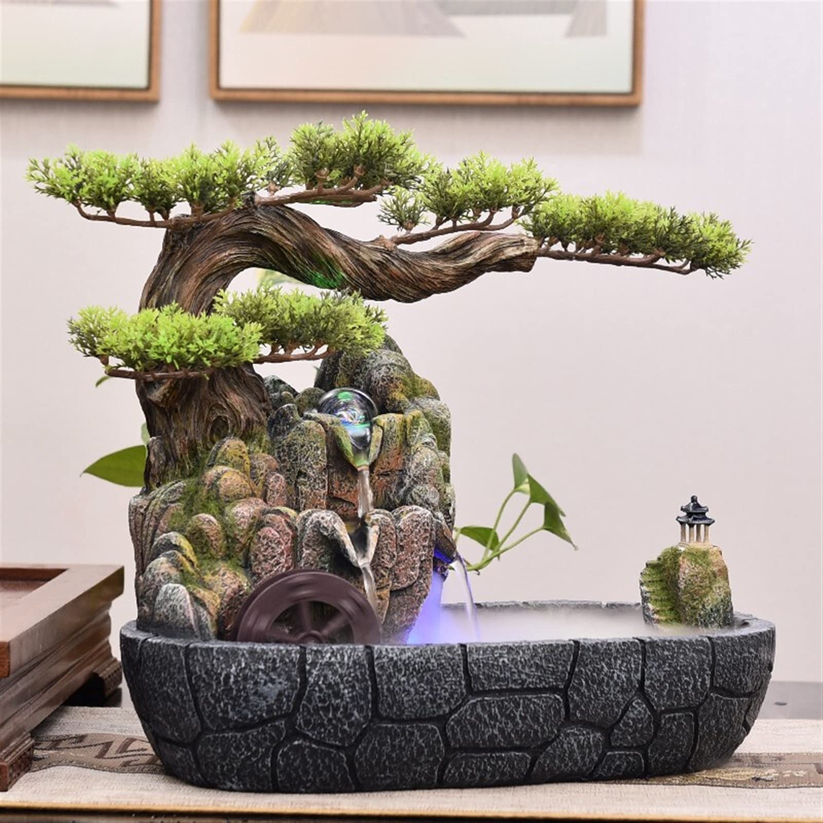 Fontana Da Tavolo A Cascata Con LED | Verde | Resina | 18x15x30 Cm | Per Soggiorno O Ufficio – Pompa Inclusa