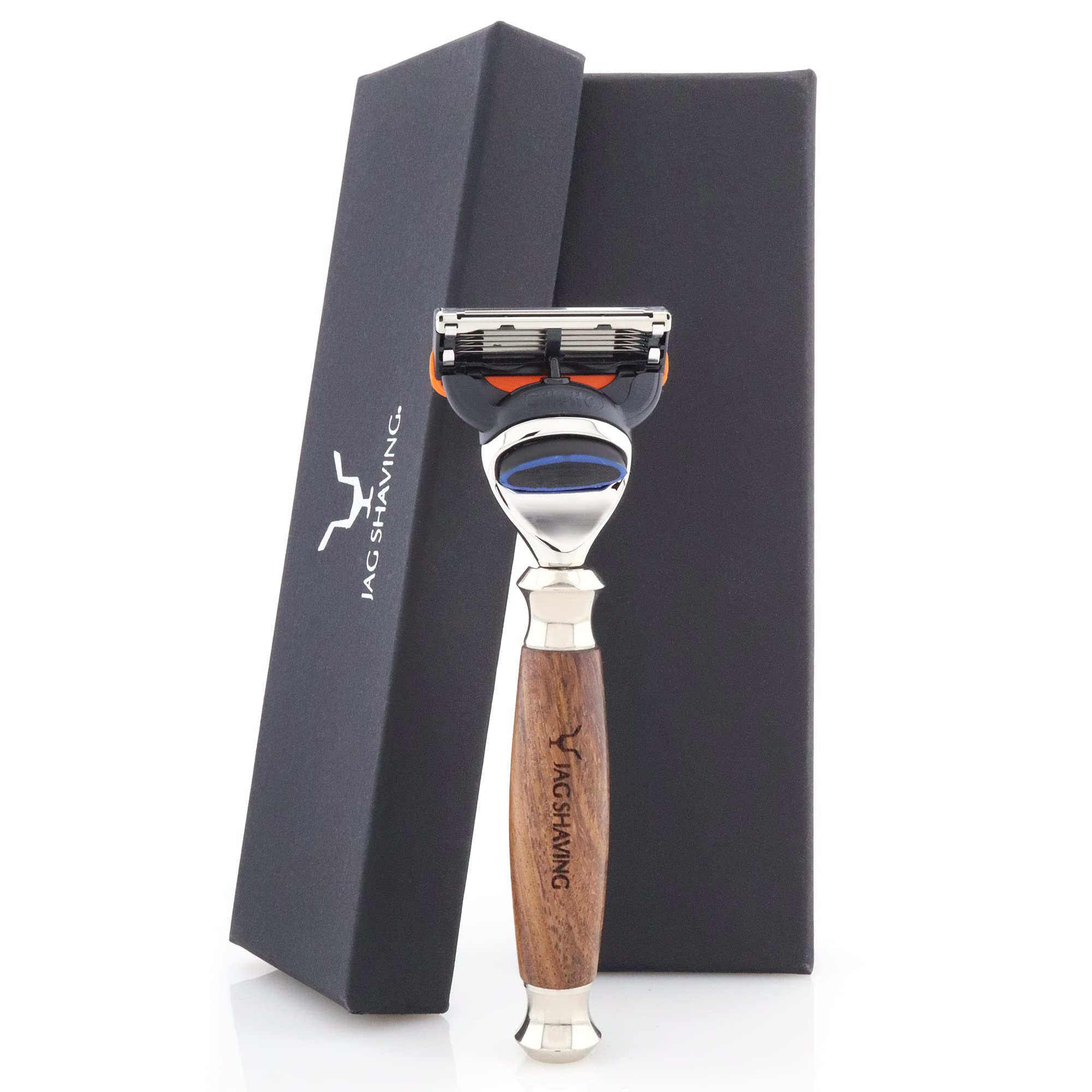 Jag Shaving Rasierset - JAG's LEE Range 4-teiliges Rasierset - Silberspitz Dachshaar Rasierpinsel - 5 Rasierklingen Rasierhobel - Rasierständer aus Edelstahl und Holz - Rasierschale - Holz Set