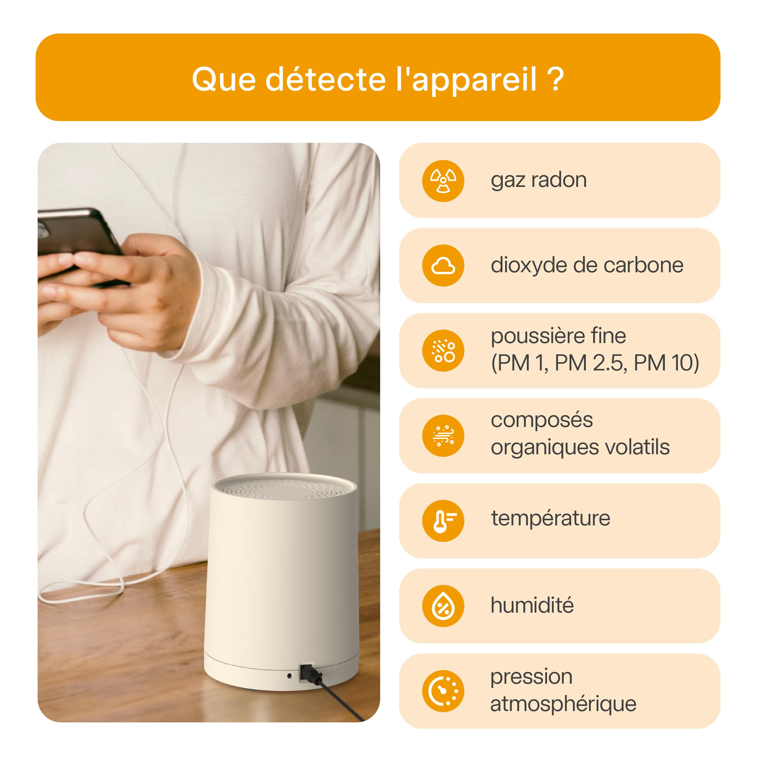 Radoff Sense- Appareils Mesurant Qualité Air Intérieur avec Capteur Radon, Humidité et Pression Air, Détecteur CO2 COV PM Compatible avec Alexa, Intégration Complète à Venir, Thermomètre Connecté WiFi
