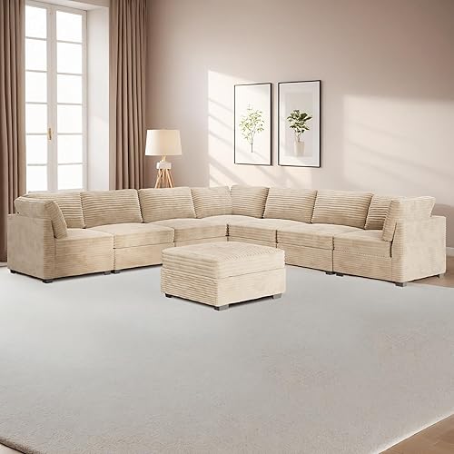 Luxury Modular Sectional Sofa Couch - 130x130 Oversized L Shaped Cloud Couch for Living Room,Deep Seat Upholstered Convertible Sleeper Sofa Couch with Chaise Ottoman,Plush Corduroy,Beige