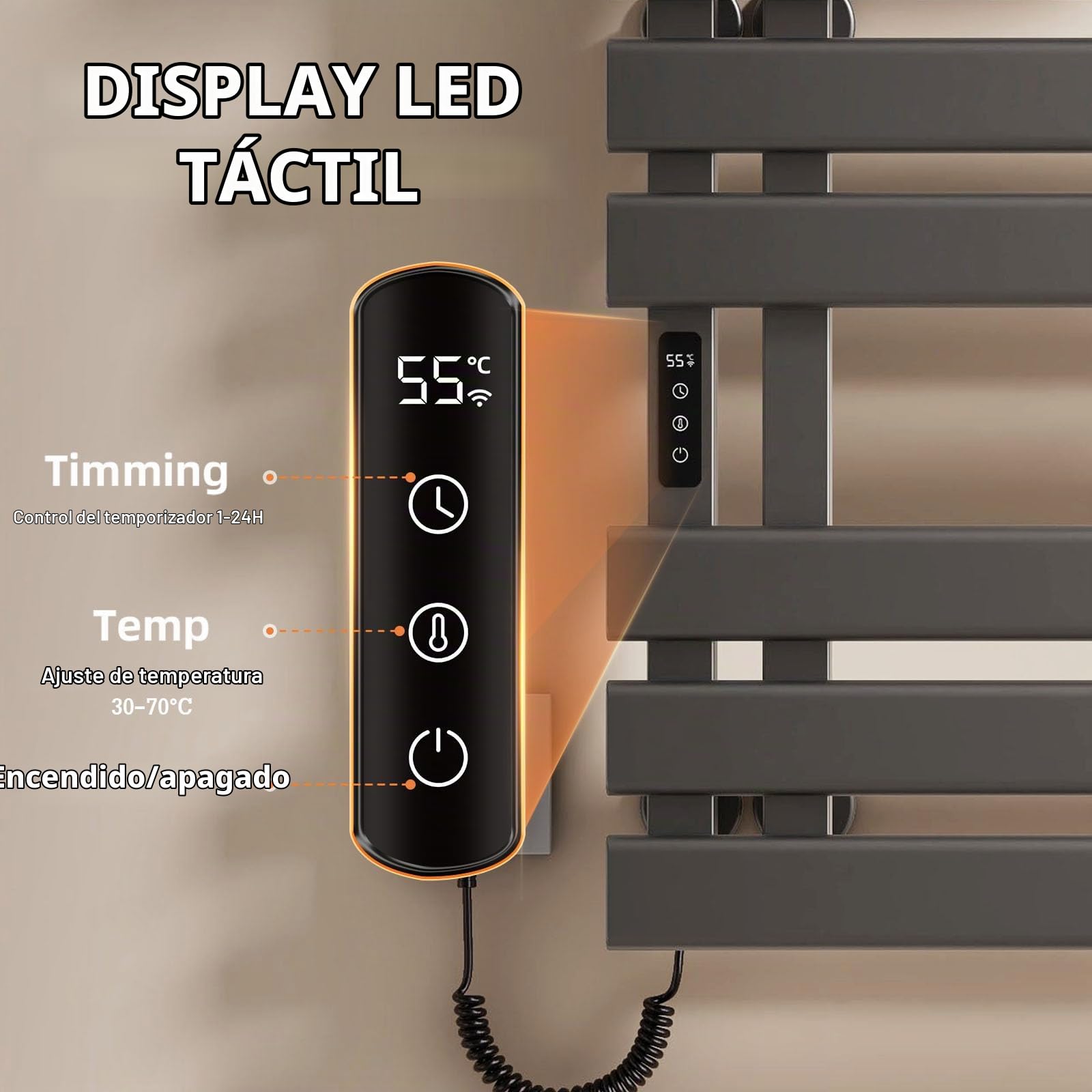 Toallero Electrico baño Inteligente WiFi,Secador Toallas Electrico De Pared,Radiador Calentador De Toallas con Pantalla Led Y Estante,Control por Voz,6 Postes Ensanchados,Gris