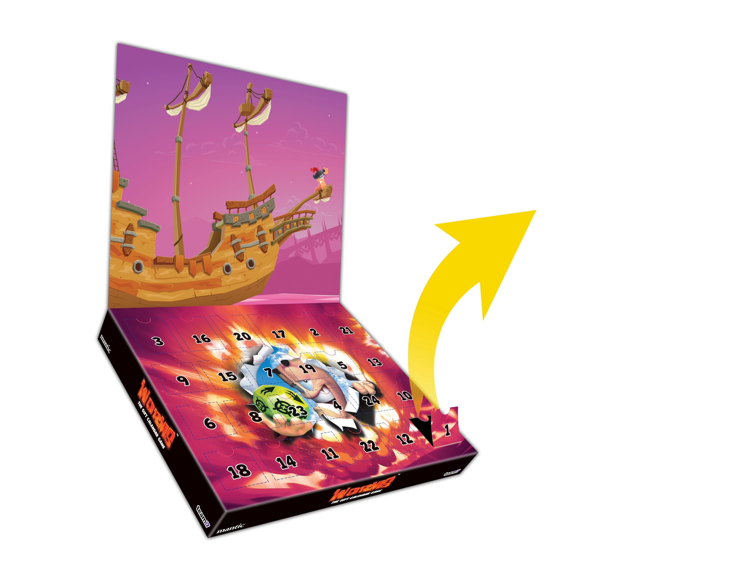 mantic | Worms : The Board Game Calendrier de l'Avent | Jeu de société de 24 jours à construire | Comprend des figurines de vers, un terrain, des dés et des jetons | Mayhem familial amusant pour 2 à 4