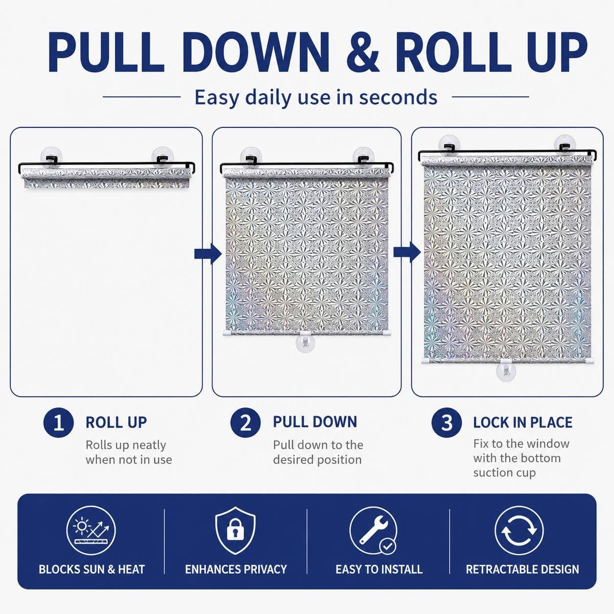 Schermo Solare per Finestre con Ventose, Pannello Oscurante Riflettente Retrattile Senza Forare, Protezione Privacy per Camera Ufficio Camper Auto Porta Vetro(W 80 x 120 cm)
