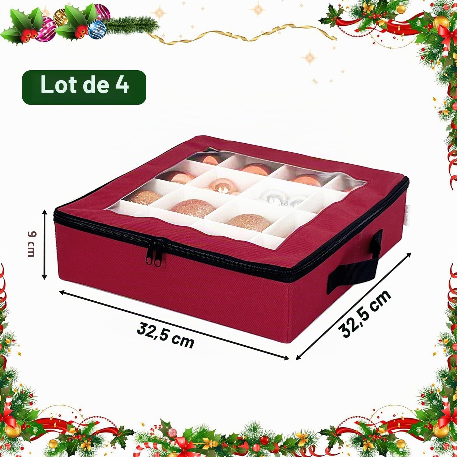 Boîte de rangement pour boules de Noël avec séparateurs - 4 pièces de rangement pliables pour décorations de Noël avec 2 poignées et couvercles pour les fêtes (Rouge)