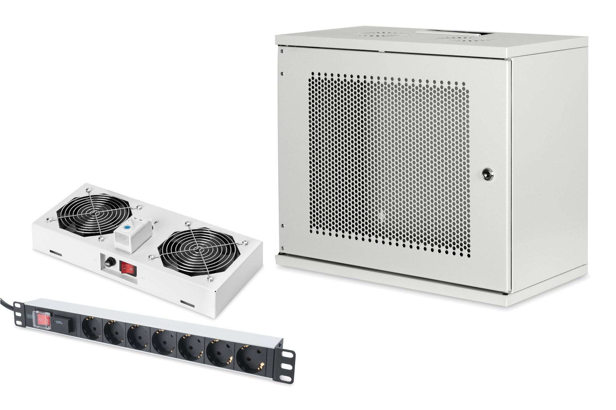 DIGITUS Set: Armoire réseau 19" 9U + Ventilateur de Toit + Bloc multiprise 7 Ports // Rack 19 Pouces - Non monté - Montage Mural - Charge 60 kg - Profondeur utile 170-270 mm - Porte Acier
