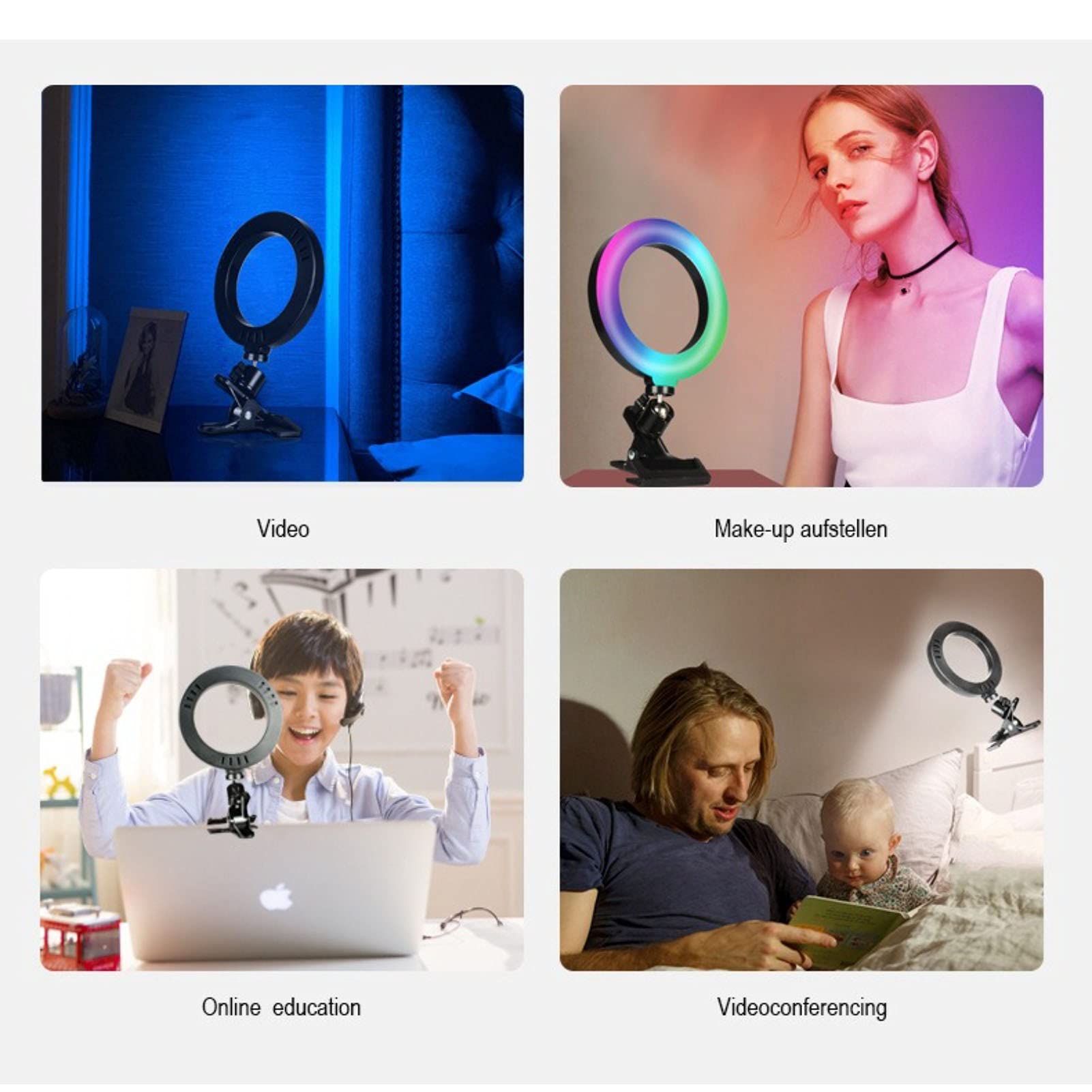 Anello luminoso RGB per selfie da 15,2 cm, con supporto a morsetto, 33 colori dimmerabili, set di illuminazione per videoconferenza USB, per scrivania, computer, laptop, monitor, trucco,