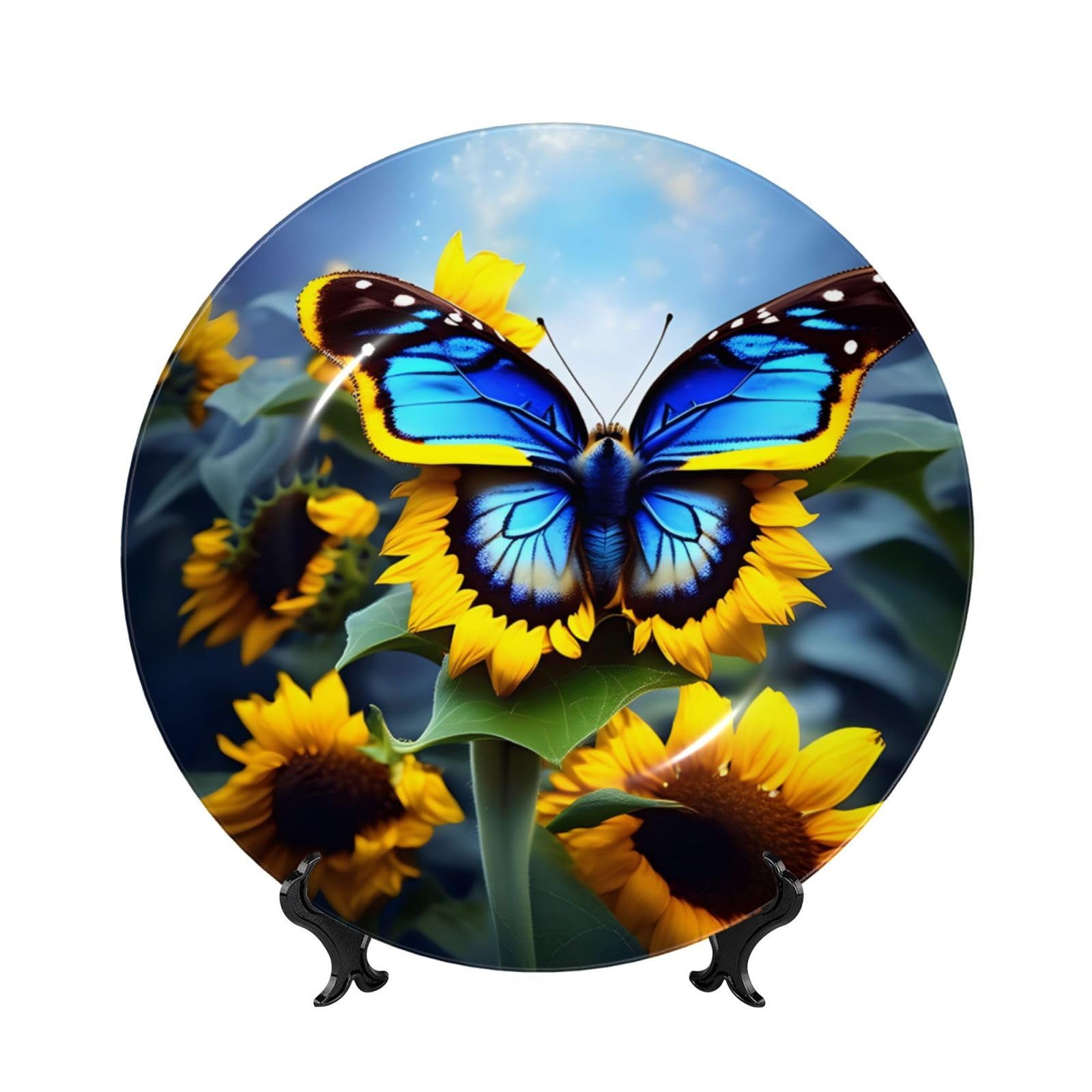 SXZVVBN Sunflower Blue Butterfly Bone China Decorative Plate Art with Stand Removable Adhesive Hanging for Home Office 10in（25cm）