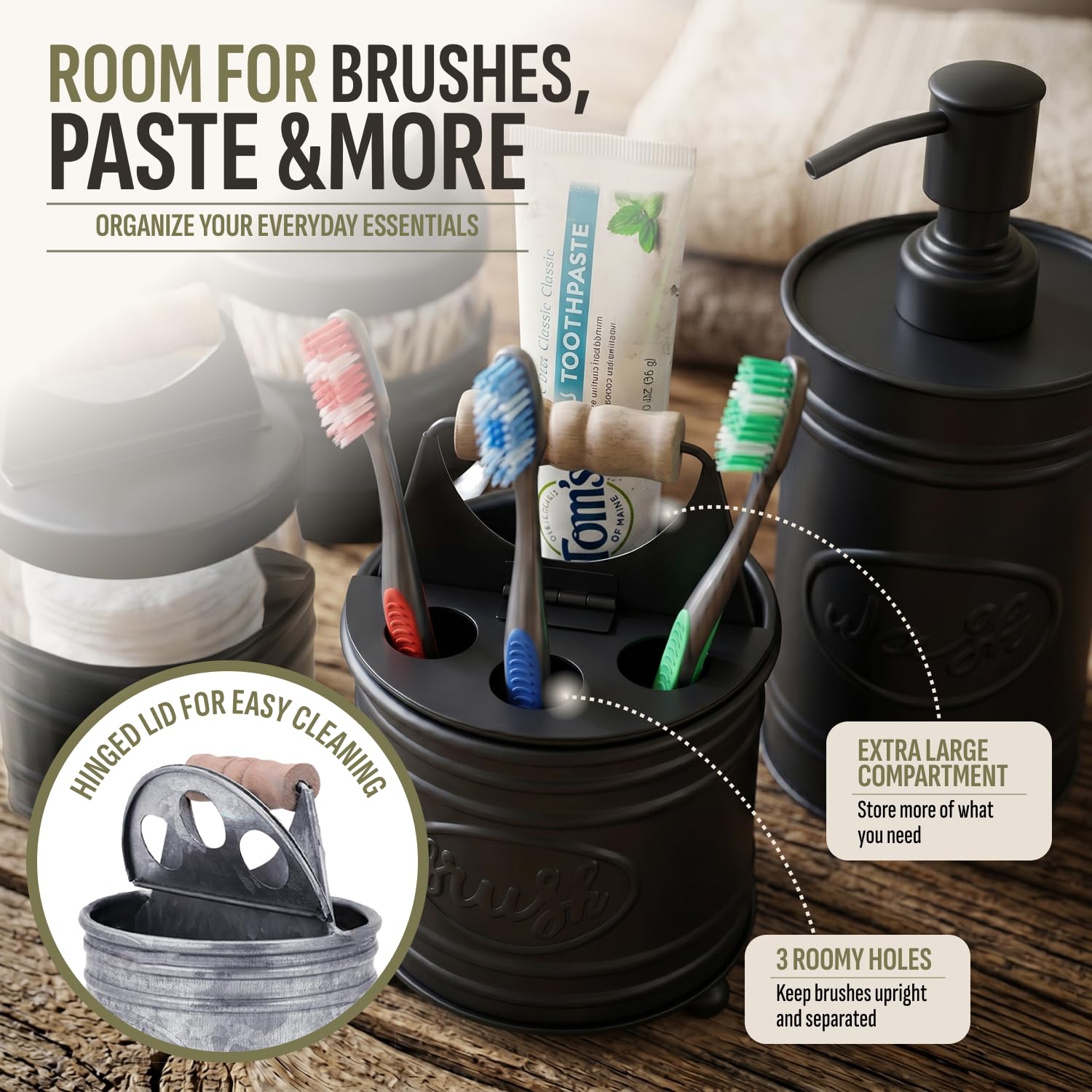 Autumn Alley Rustikales Badezimmer-Zubehör-Set 4 – schwarzer Seifenspender, rustikaler Zahnbürstenhalter, 2 Apothekergläser Qtip Halter – rustikale Badezimmerdekoration – Bauernhaus-Badezimmerzubehör