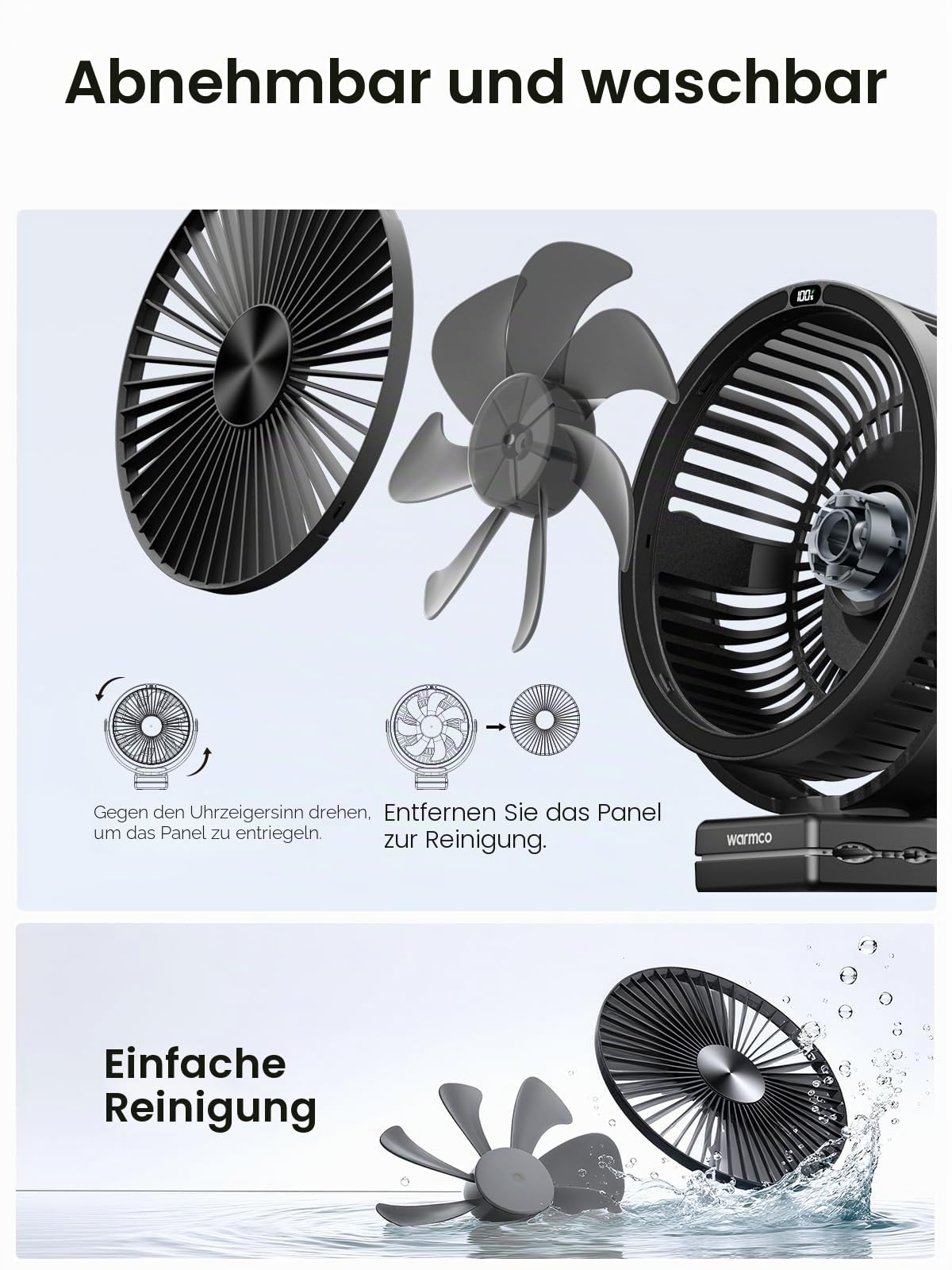 Warmco Tragbarer Tischventilator mit 10000 mAh, 720° Drehung & 3-in-1-Montage – 4 Geschwindigkeitsstufen, LED-Licht, USB-C-Schnellladung, geräuscharmes Design