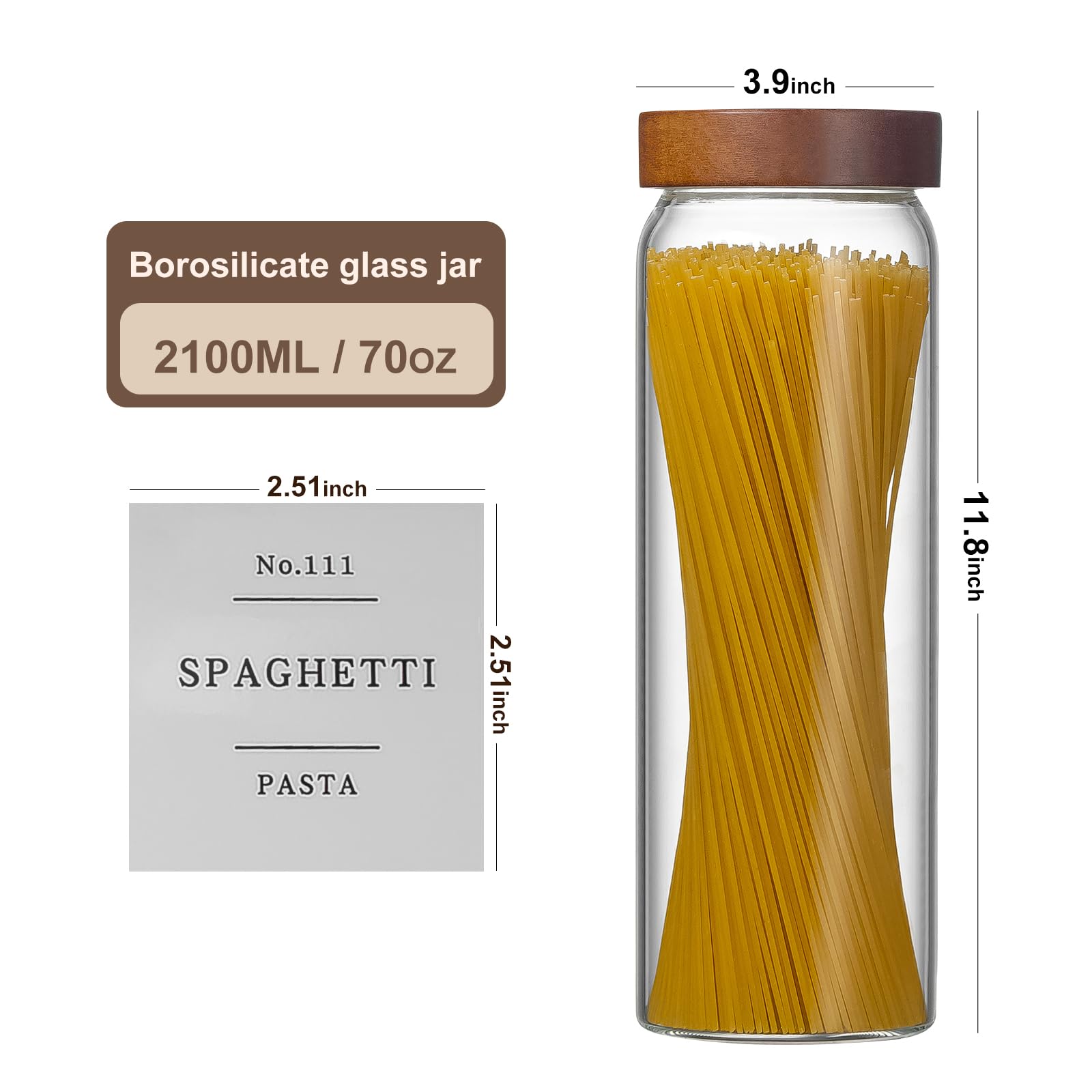 Pasta-Vorratsdosen aus Glas mit luftdichtem Schraubdeckel, 2000 ml, dickes Glas, Küchenbehälter mit 132 Speisekammer-Etiketten, hoher Spaghettibehälter mit Holzdeckel für Nudeln, Spaghetti, Müsli, 3