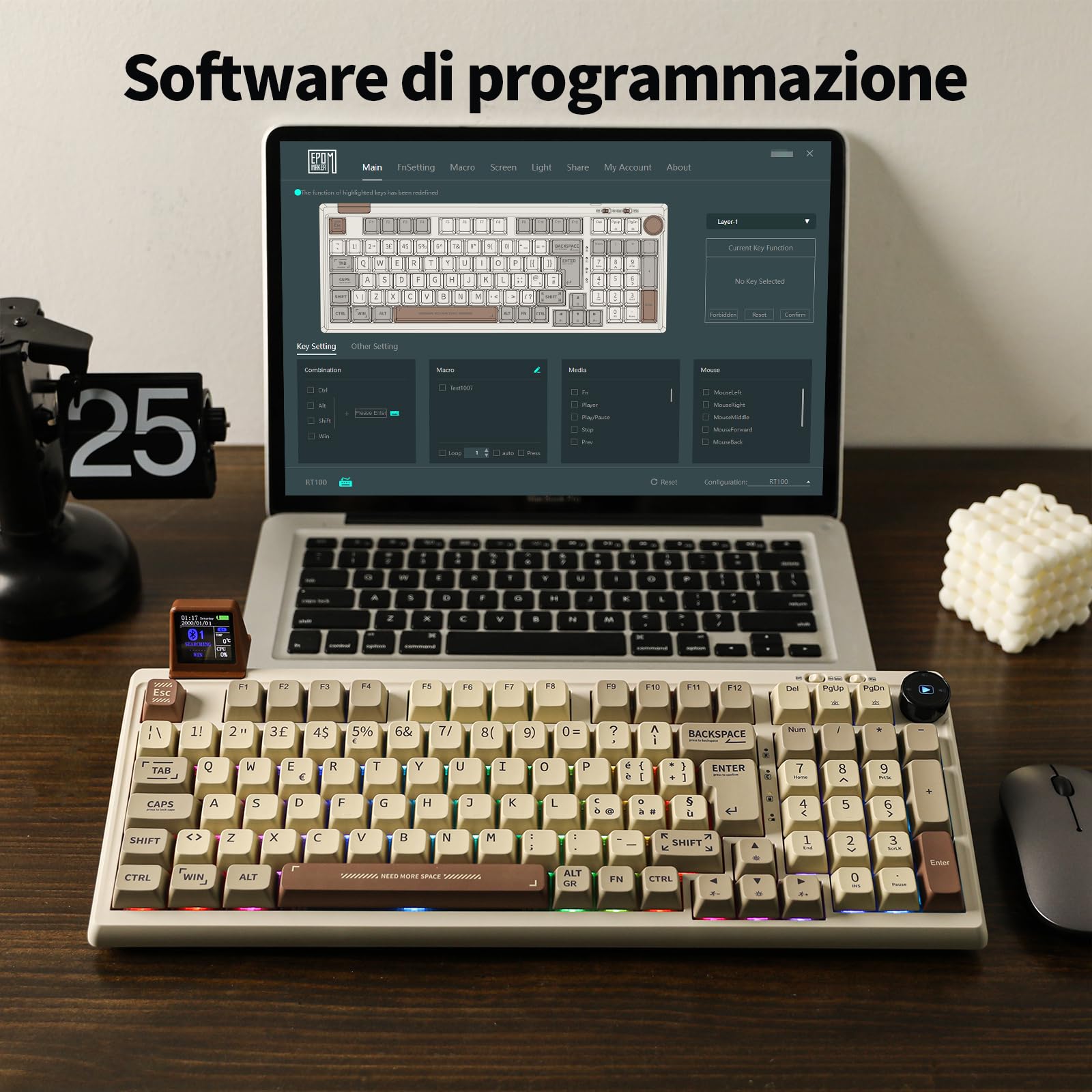 EPOMAKER RT100 ISO (Italiano) Tastiera Meccanica con Mini TV Personalizzabile. 98-key Gasket, knob, 5000mAh, Hot-Swap, Bluetooth/2.4ghz/USB-C per Mac/PC/Game (IT Retro, Wisteria Tactile Switch)
