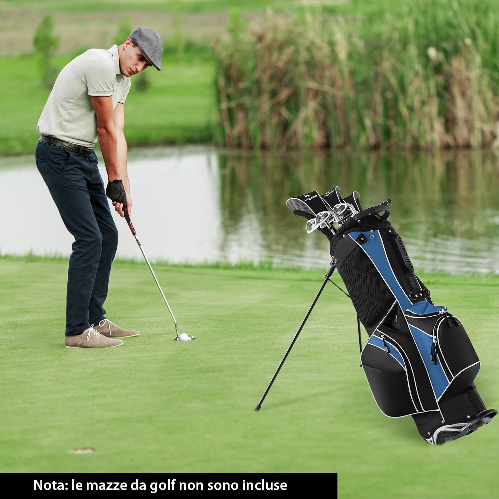 COSTWAY Borsa da Golf con Supporto, Sacca per Mazze da Golf con 6 Divisori, 7 Tasche con Cerniera Incluse Borsa Termica, Portaombrelli, Borsa da Golf Leggera e Portatile con Tracolla (Blu)