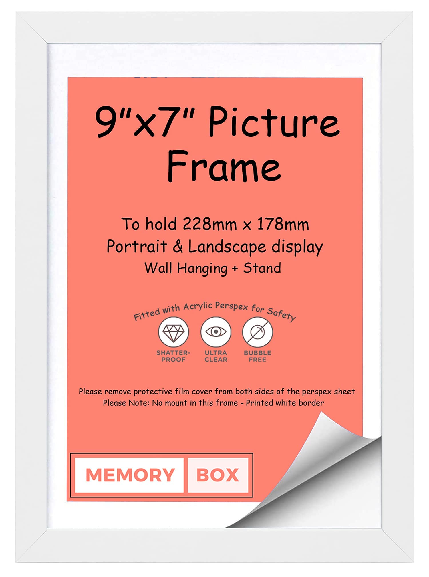 White - Wrapped MDF Picture/Photo/Poster frame with Real Glass - Moulding 20mm Wide and 15mm Deep - (22.8 x 17.8cm) 9" x 7"