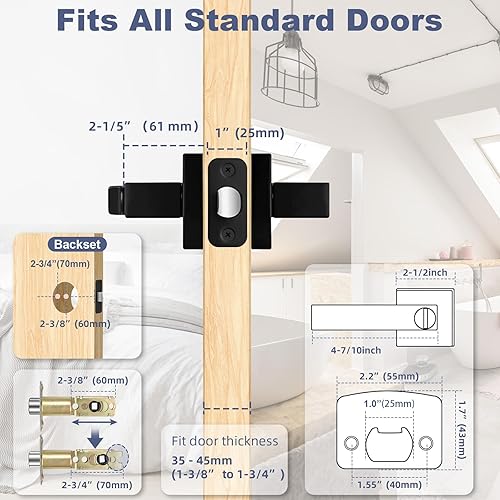 Vista 59 de Estmoon Paquete de 2 manijas de puerta de paso, pomos de puerta color negro mate, manijas de puerta cuadradas interiores, manijas resistentes sin