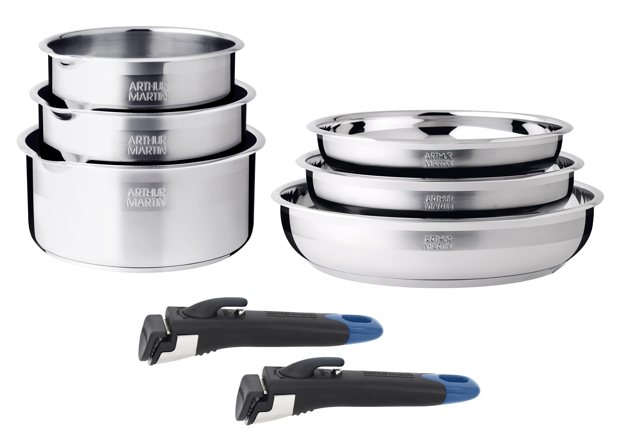 Arthur Martin - Batería de Cocina 10 Piezas Acero Inoxidable 18/10 - Apta Inducción - Sartenes Ø20/22/26 Cacerolas Ø16/18/20-3 Tapas Vidrio, Pico Vertedor