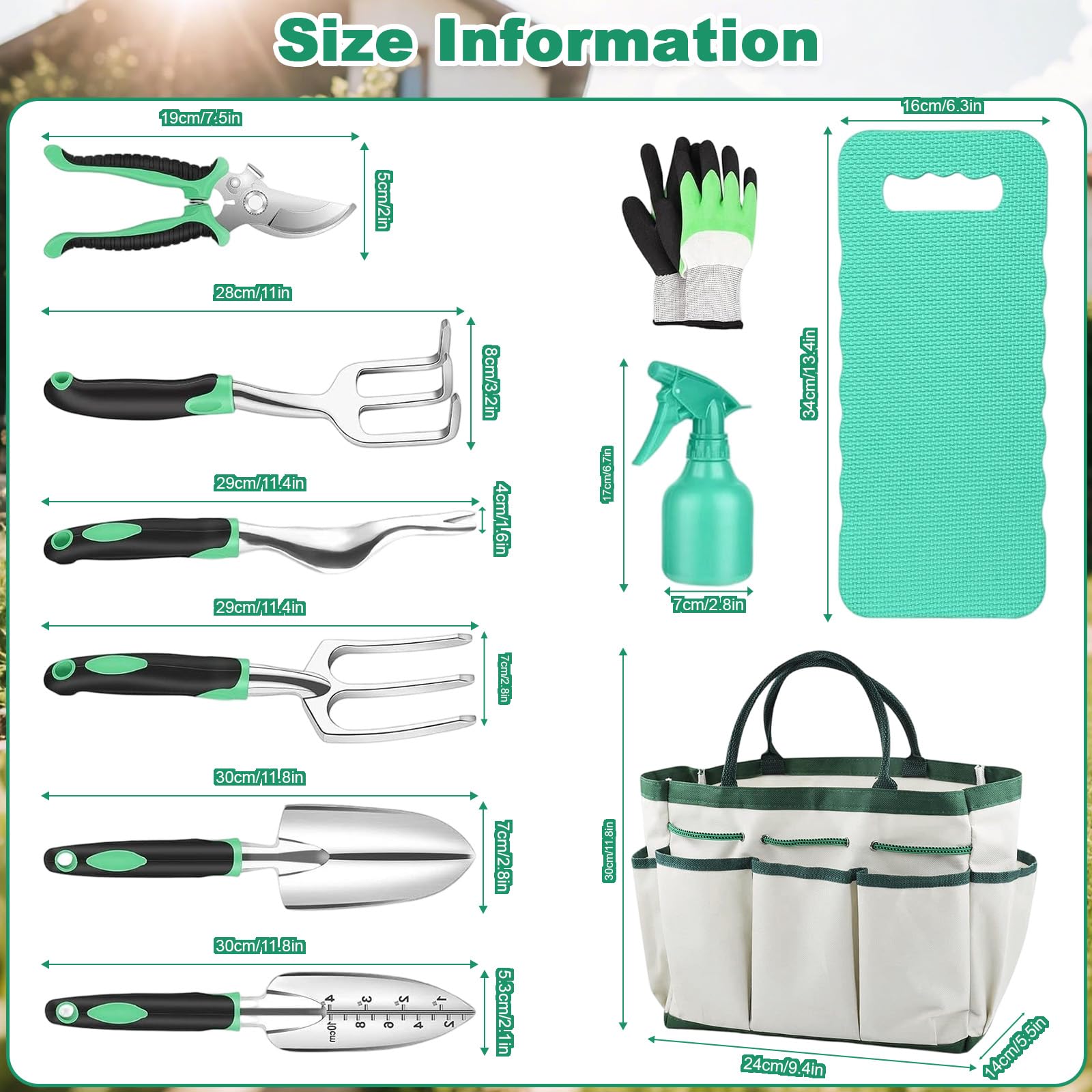 10 Pièces Kit Outils Jardinage Adulte avec Sécateur, Vaporisateur, Genouillères, Gants Travail, Petite Pelle, Houe, Sarcloire et Sac Toile, Outillage de Jardin pour Entretien Plantes Extérieur