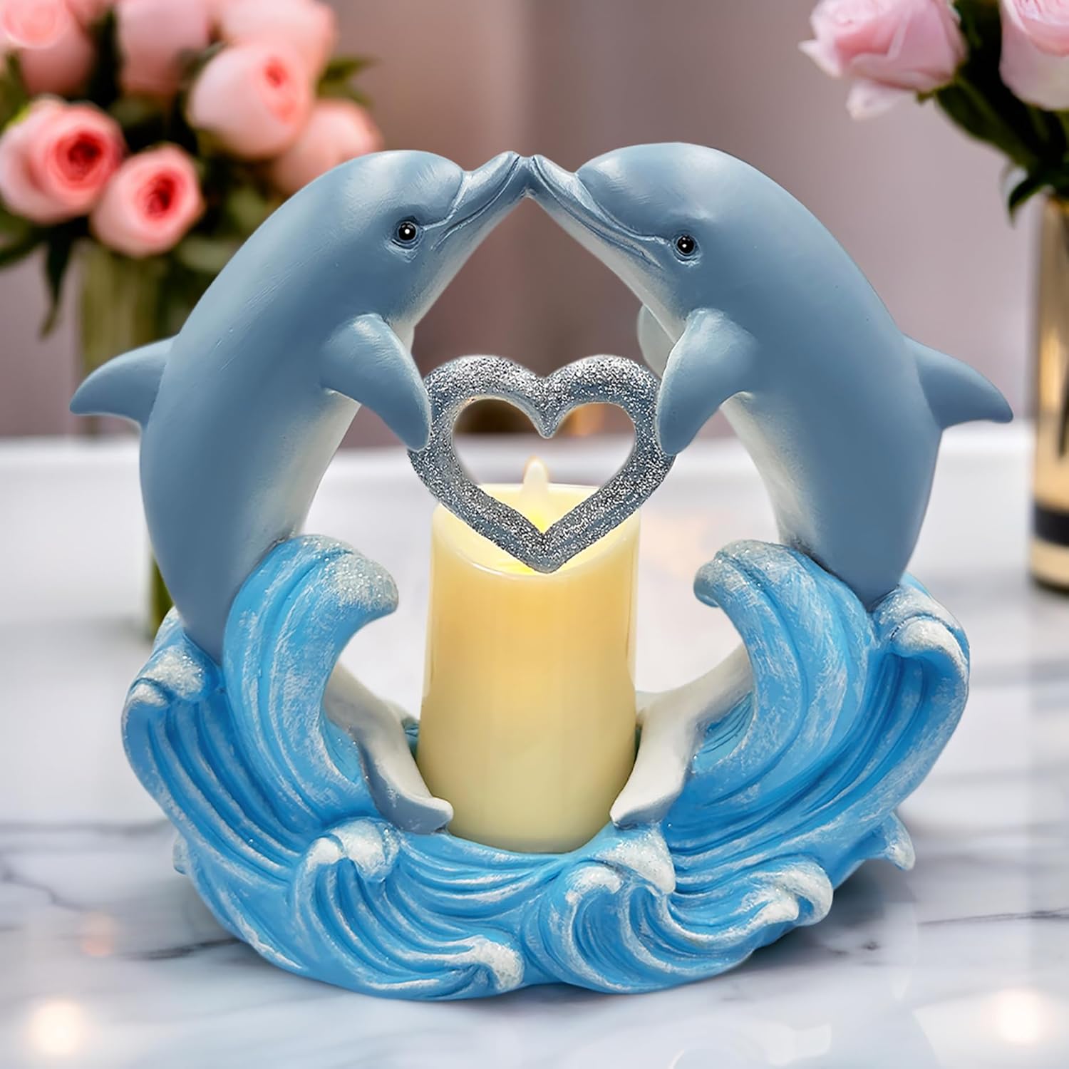 Love & Romance Candle – Valentine's Day Gift, Soy Wax, Aromatherapy, Cozy & Decorative (Tides of Affection Dolphin Figurine and Tealight Candle)