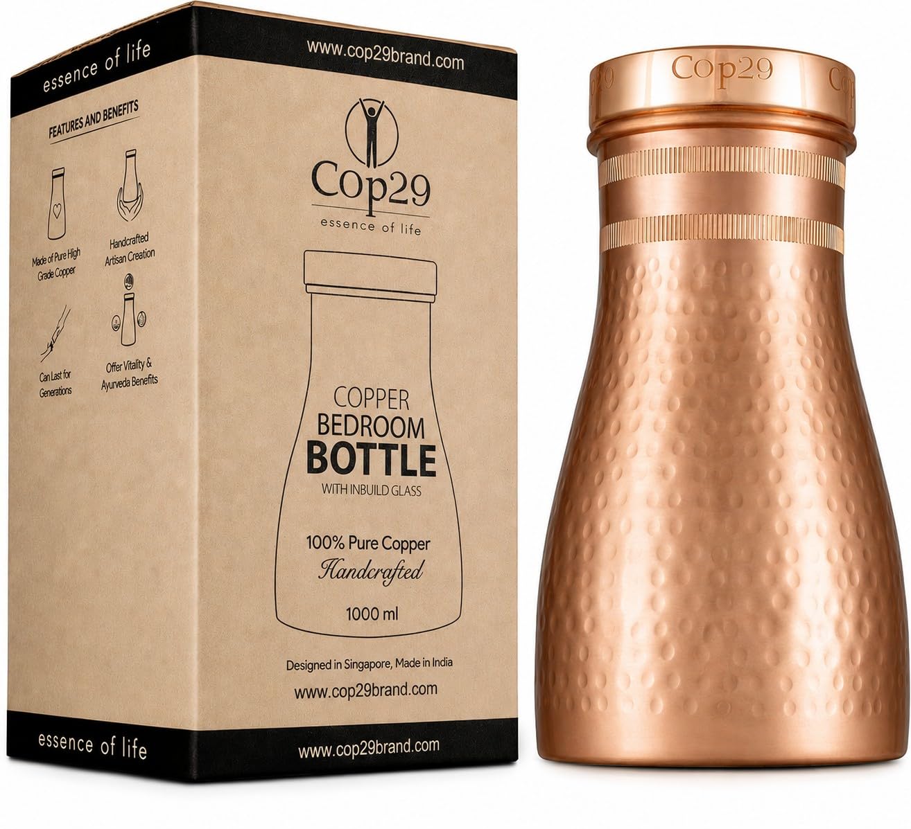 Cop29 Handgemachte Dolny Matt gehämmerte Kupfer Schlafzimmer Wasserflasche I Jar mit Deckel I Bettseite Wasser Karaffe (loser Deckel) -1000ml / 34oz...