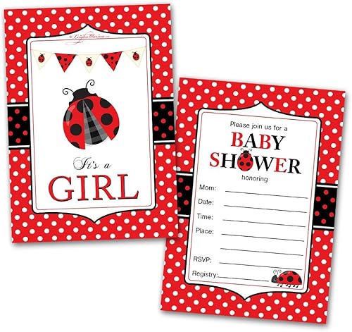 Leigha Marina Invitaciones para baby shower con texto en inglés "It's a Girl Ladybug" - 20 tarjetas y 20 sobres