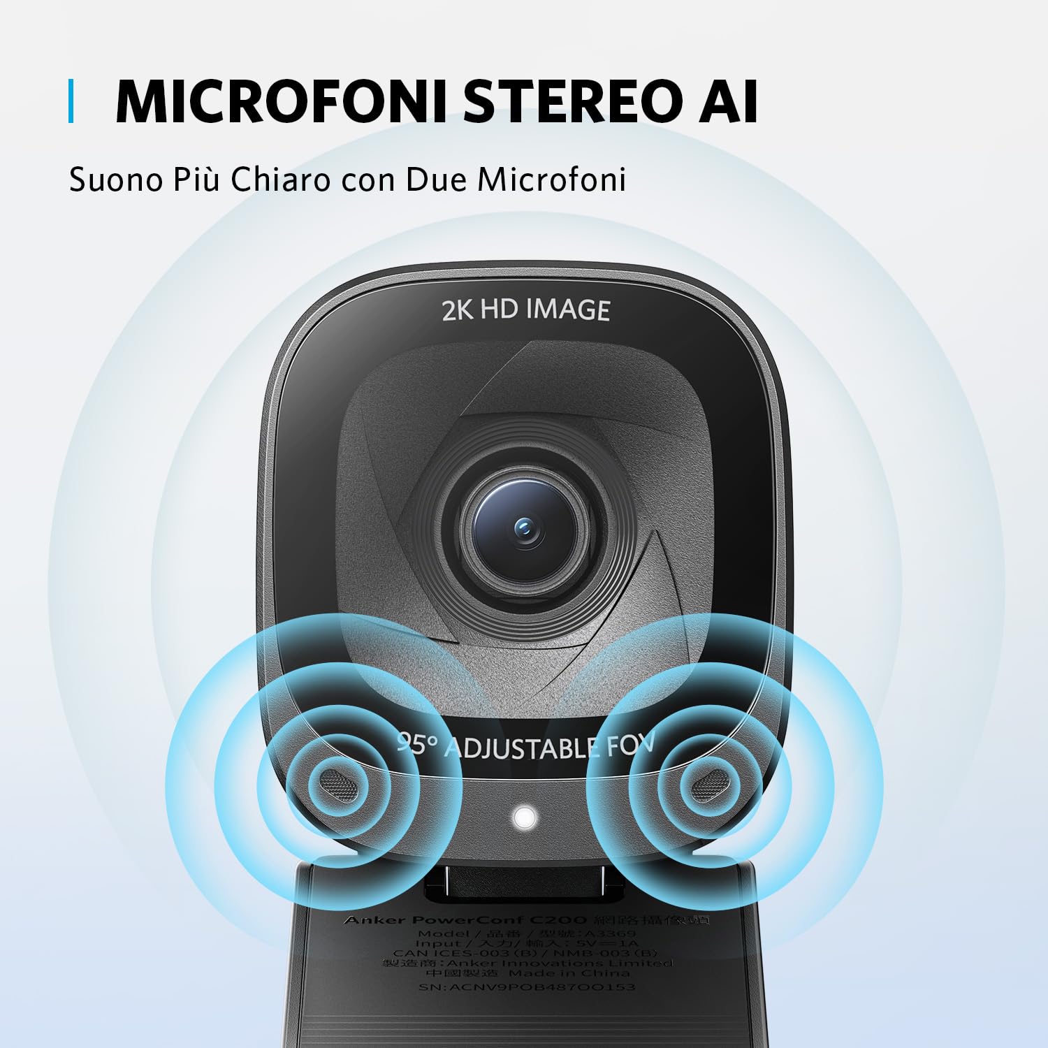 AnkerWork PowerConf C200 2K USB Webcam per laptop e computer, microfoni con cancellazione del rumore AI, stereo, campo visivo regolabile, correzione della luce bassa, copertura privacy integrata