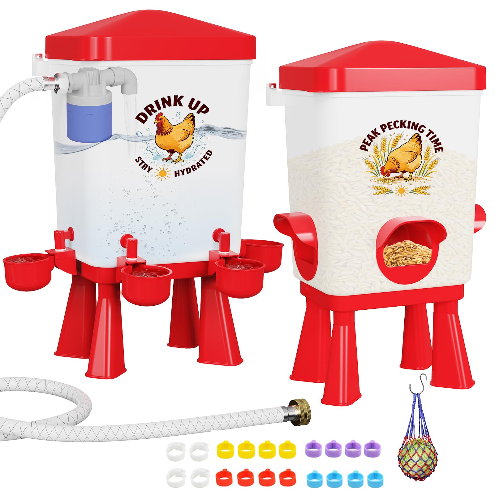 Automatischer Futterautomat Hühner 12KG & Hühnertränke 11.4L mit Schwimmerventil, Geflügeltränke, 4 Näpfe, 3 Anschlüsse, Wassertränke Futterspender Hühner, Zubehör für Stall, Tauben, Wachteln (Rot)