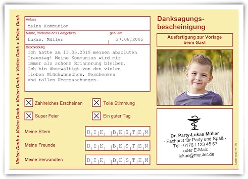 30 X Danksagungskarten Kommunion Dankeskarten Individuell Mit Foto Und Text Als Krankschreibung In Gelb Amazon De Kuche Haushalt