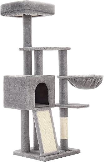 🔥 FEANDREA Cat Tree for Small Cats, 135 cm, Multi-Level Plush Cat Condo, with Removable and Washable Platform Cover, Scratcher, Basket, Cave, Light Grey