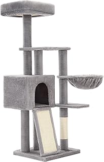 FEANDREA Cat Tree, 53.1-Inch Cat Tower for Indoor Cats, Multi-Level Cat Condo with Removable Washable Perch Cover, Cat Furniture with Scratching Post and Board, Basket, Cave, Light Gray UPCT132W01