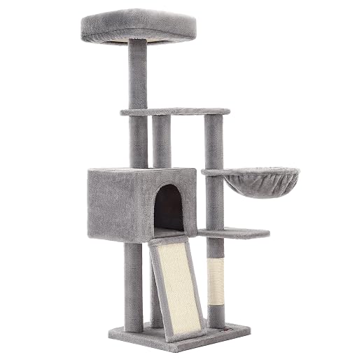 FEANDREA Cat Tree for Small Cats, 135 cm, Multi-Level Plush Cat Condo, with Removable and Washable Platform Cover, Scratcher, Basket, Cave, Light Grey