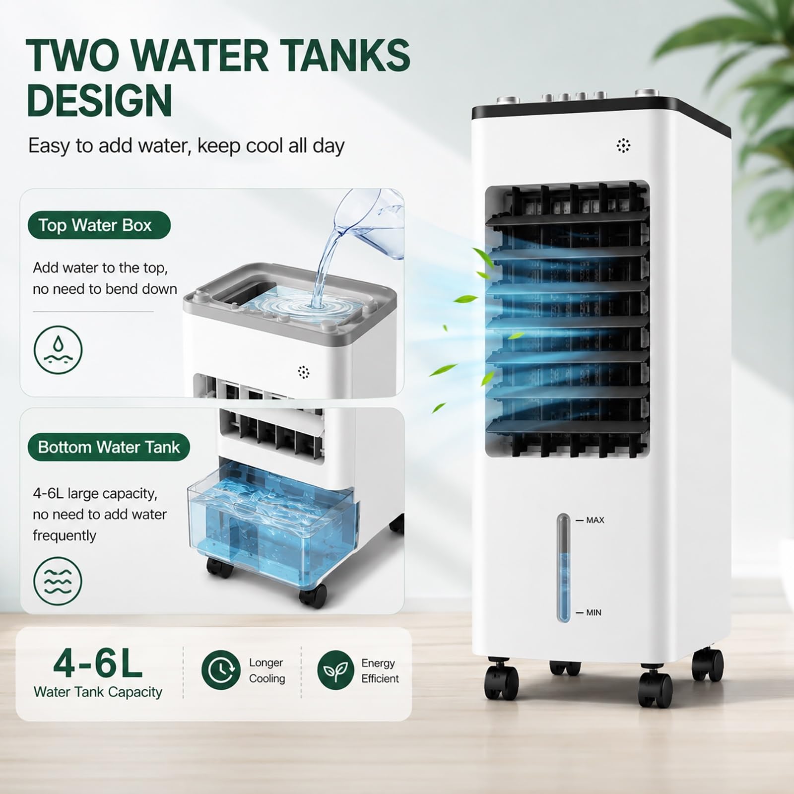 Raffrescatore Evaporativo Portatile con 8 Ghiaccioli, 3 Velocità, Doppio Serbatoio d’Acqua, Oscillazione 90°, Dispositivo di Raffreddamento Personale per Camera, Ufficio e Soggiorno
