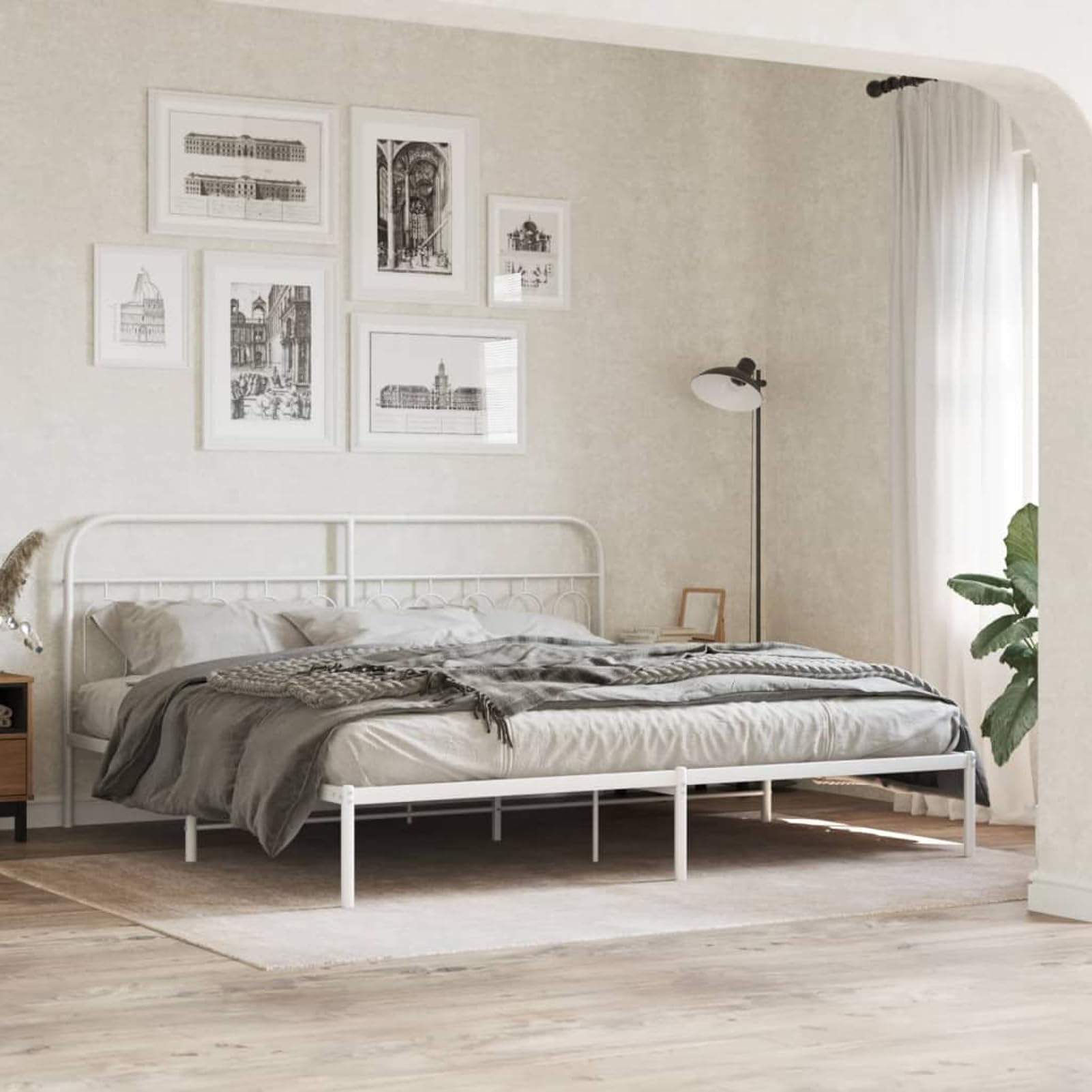 WGYHOME Rama łóżka z zagłówkiem, 200 x 200 cm, biała, stal – wytrzymałe łóżko metalowe dla dorosłych, w zestawie stelaż i środkowe nóżki