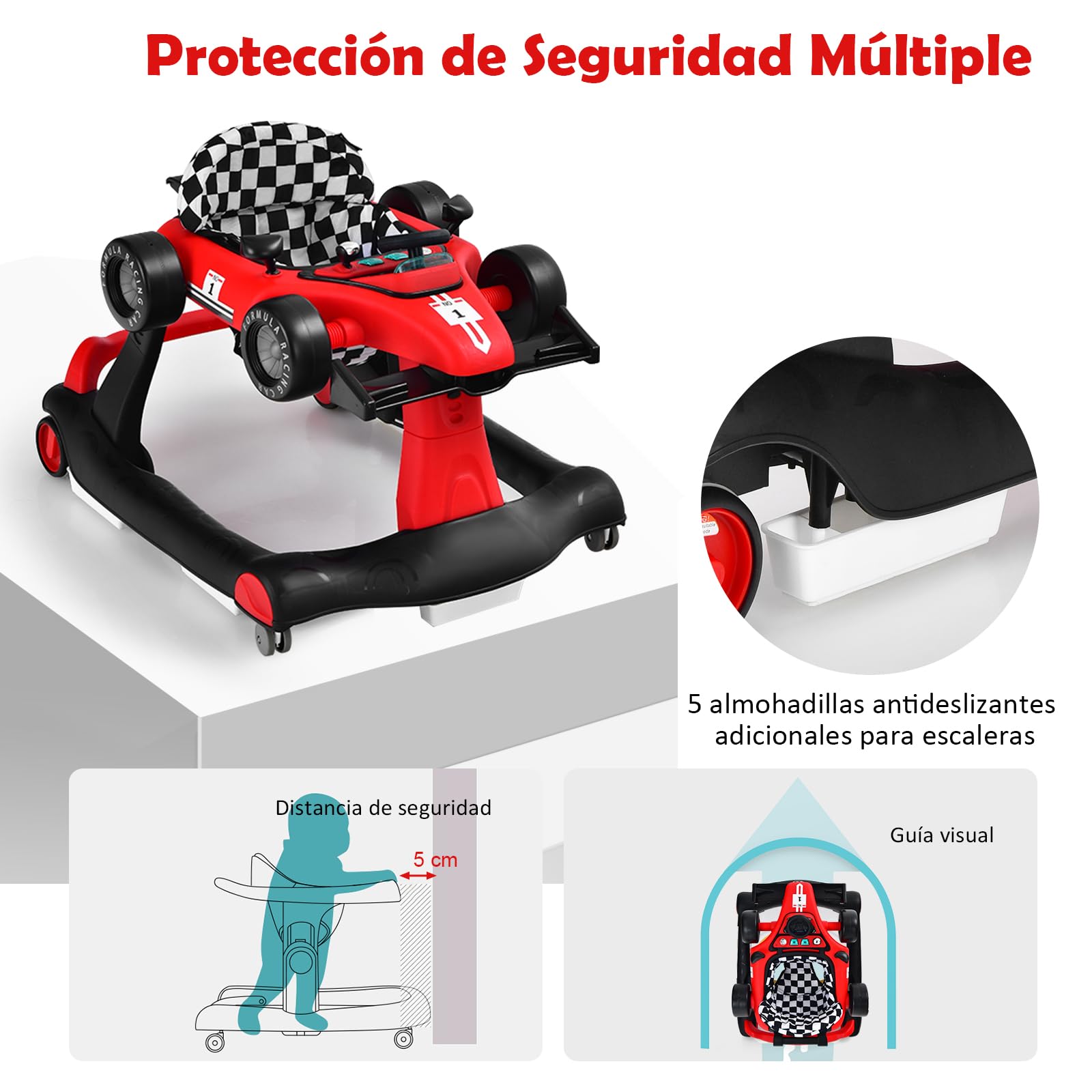 GOPLUS Andador Bebes 4 en 1, Andador Plegable con Altura Ajustable en 3 Niveles, Ruedas de Velocidad Regulable y Cojín Extraíble, Tacatá para Bebé 6-18 Meses con Luces, Música y Volante (Rojo) — view 4
