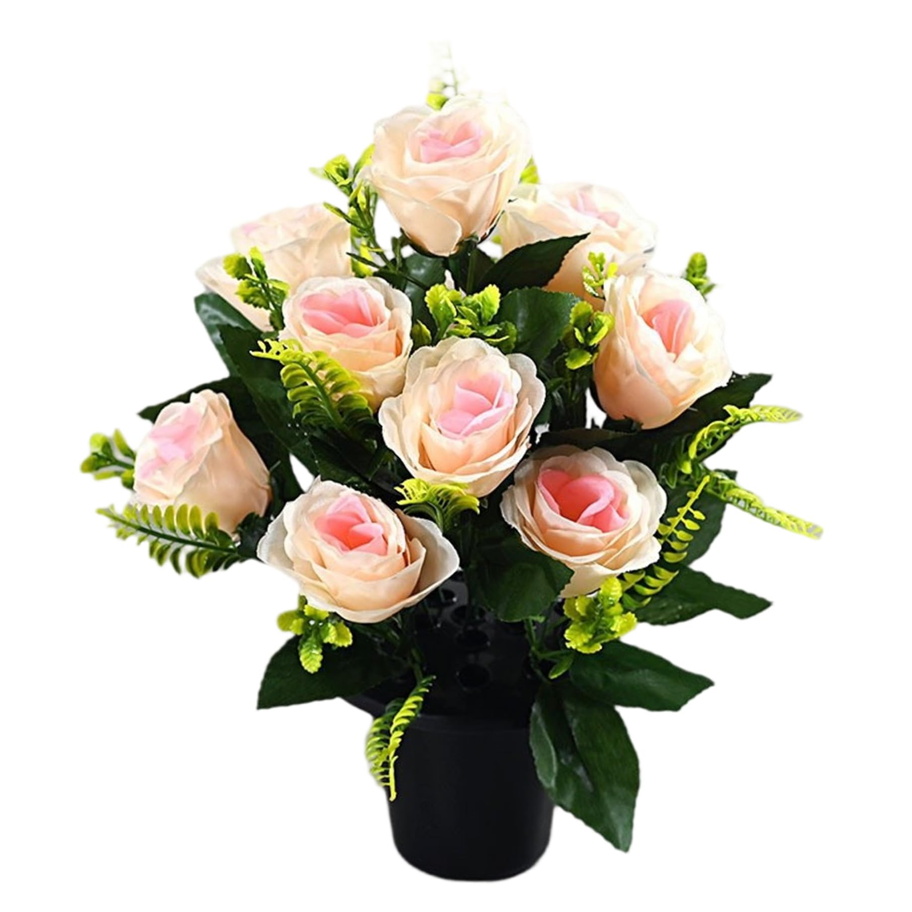 Faroby Cemetery Flowers for Grave, 15 Inch 12 Heads Artificial Roses with Pot, Silk Grave Flowers for Headstones Tombstone Decor