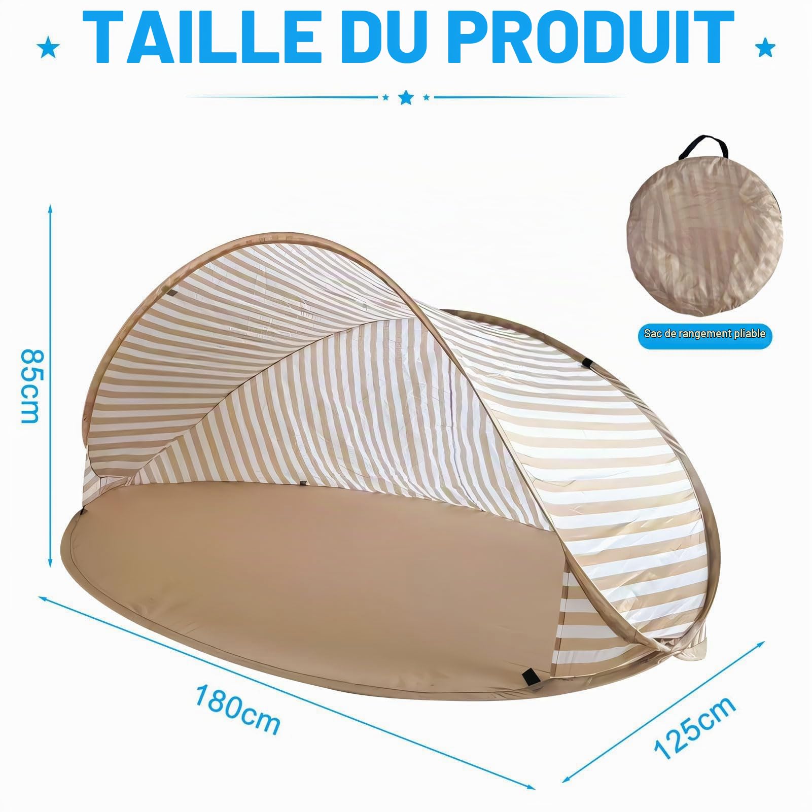 Tente de Plage Pop-Up Anti-UV UPF 50+, Parasol Pliant 180x125cm, Protection Solaire Imperméable pour Famille avec Sac de Rangement