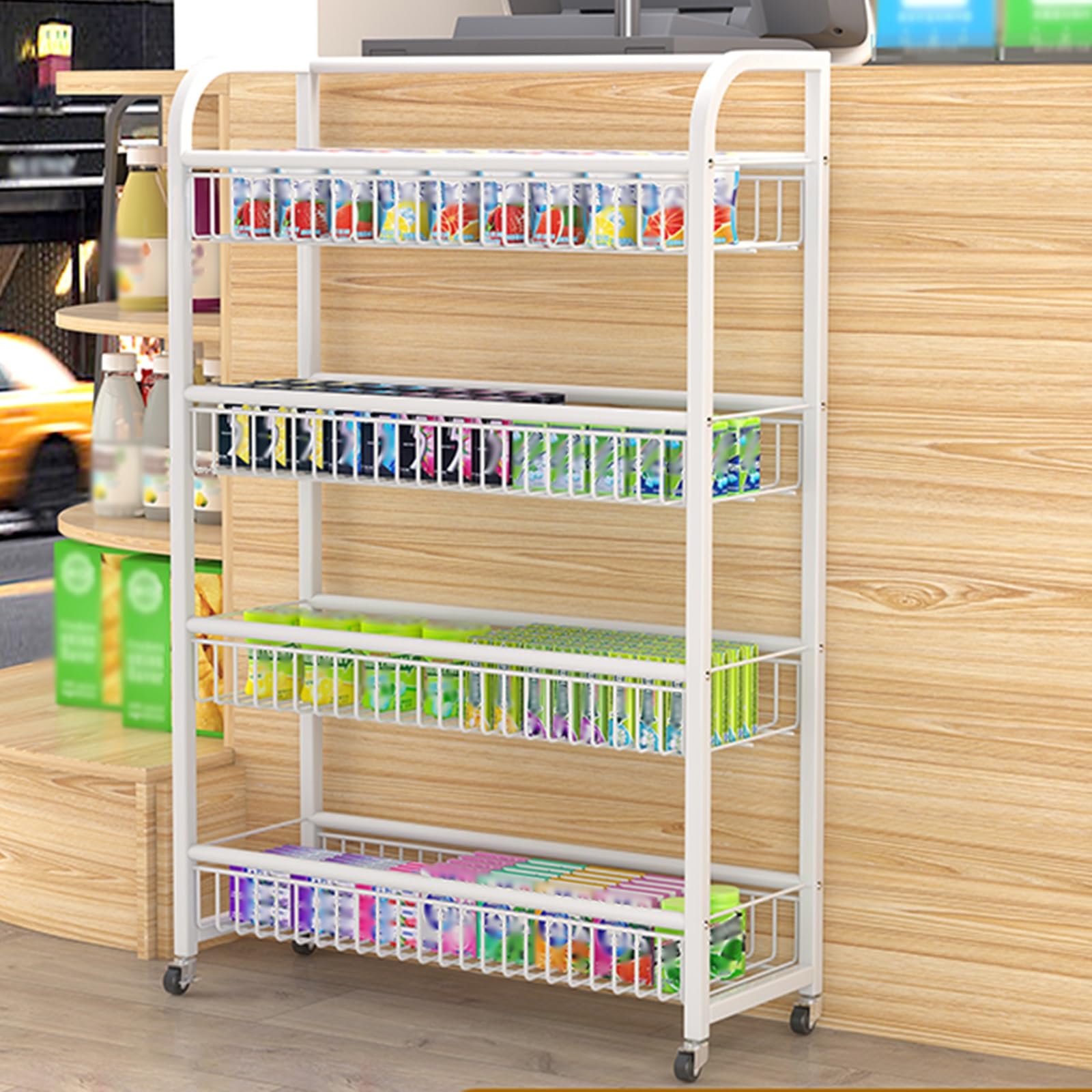 Présentoir de rangement à paniers mobiles pour organiser les bonbons et snacks