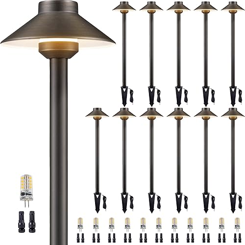 Miniatura 10 de Gardenreet Luces de camino de latón, luces LED de bajo voltaje, luces de camino de paisaje, 12 V, impermeable, para exteriores, sombrero, para
