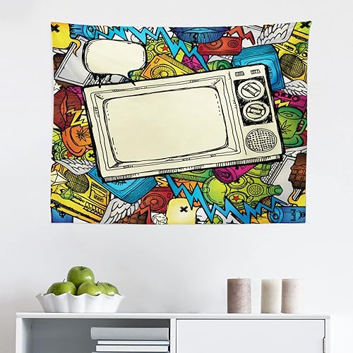 Ambesonne Hip Hop Tapestry, 90s Theme Retro Style Linear Drawn a Vintage Television and Speech Bubble, Fabric Wall Hanging Decor for Bedroom Living