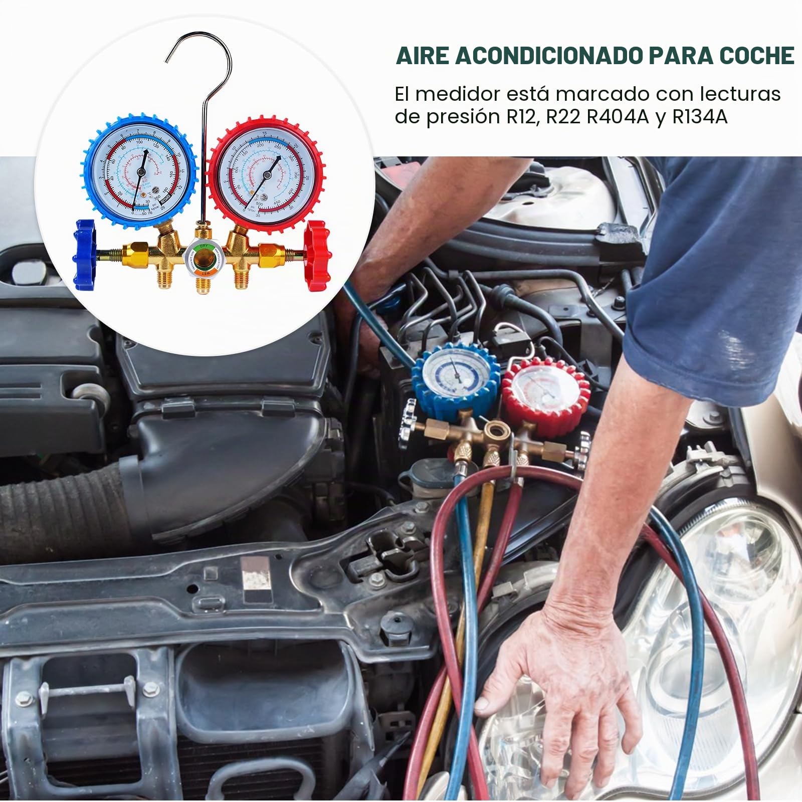 Manometros Aire Acondicionado, Manómetro de Refrigerante de 1/4, Distribuidor de Refrigerante y Manómetro de Grifo Kit de Refrigeración con Manguera para Sistemas de R404A R12 R22 R134A