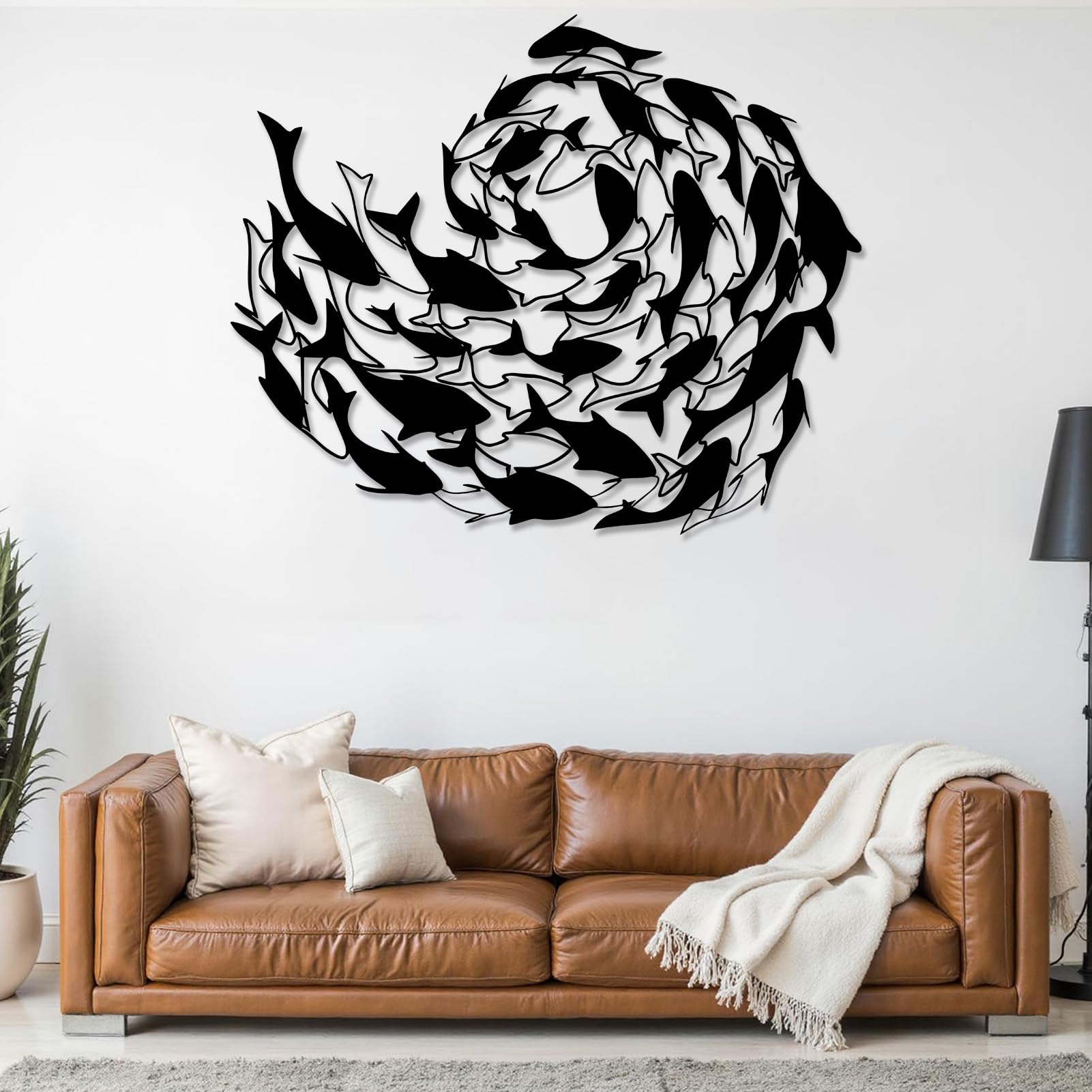 Metalowa dekoracja ścienna Wisząca rzeźba przedstawiająca morską ławkę rybną do salonu sypialni lub łazienki czarna 60 x 49 cm (24 x 19 cali)