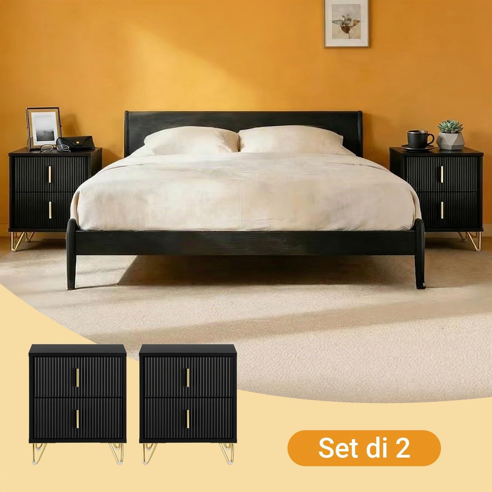 SoBuy set di 2 Comodino camera da letto con 2 cassetti e gambe in metallo dorato, tavolino da letto moderno per camera e soggiorno, Nero, 40x40x47 cm, FBT115-SCHx2