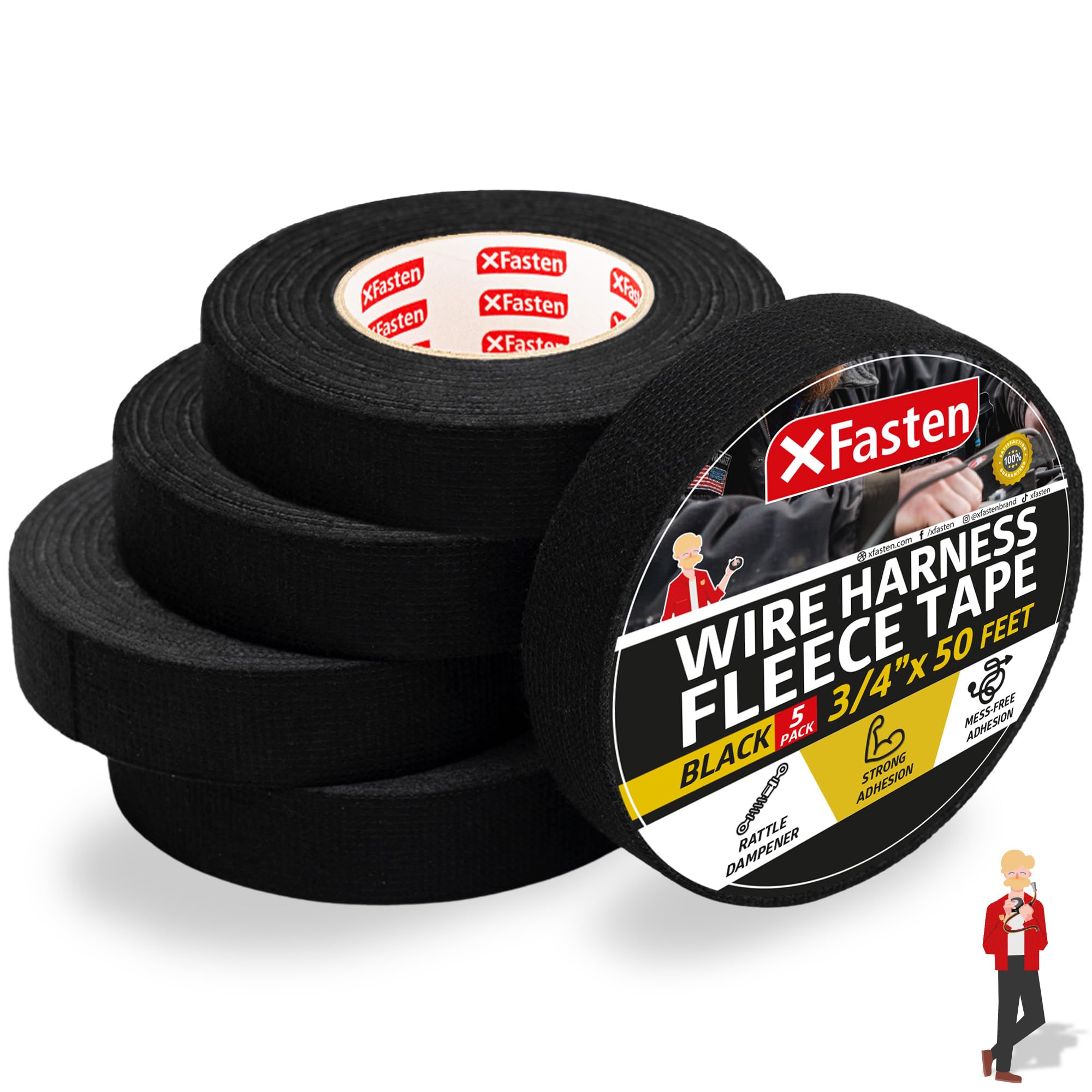 XFasten Wire Harness Tape 3/4 Inch x 50 ft (5-Pack 250ft Total) Residue-Free Cloth Electrical Felt Tape for Automotive Wiring Loom Wrap, High Temp and Abrasion Resistant, Noise Dampening Insulation